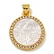 Rack Plating Brass Micro Pave Clear Cubic Zirconia Flat Round Pendants, Carved Natural White Shell Saint Benedict Medal Charms, Golden, Cross, 22.5x19x3.5mm, Hole: 5X2.5mm