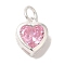 925 Sterling Silver Cubic Zirconia Heart Charms with Jump Rings, Silver Color Plated, Pink, 9.5x7.5x3.5mm, Hole: 3mm