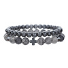 Round Natural Map Stone & Synthetic Non-magnetic Hematite Beaded Stretch Bracelet Sets WC8951-1-1