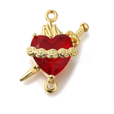 Brass FireBrick Cubic Zirconia Rose Heart with Sword Connector Charms KK-R002-27G-01-1