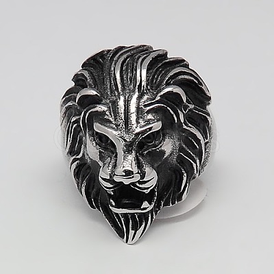 Valentines Day Unique Gift Ideas Retro Men's 304 Stainless Steel Wide Lion Rings RJEW-F006-200-1