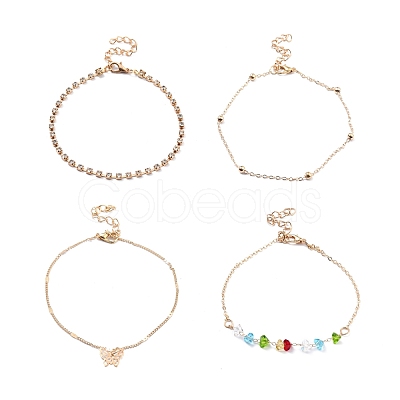 4Pcs 4 Style Alloy Chain Anklets Set with Heart Beaded and Butterfly Charm SJEW-D009-02KCG-1