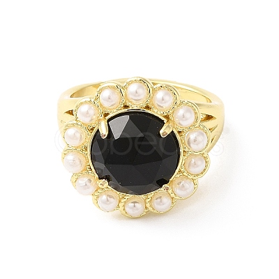 Ion Plating(IP) Natural Mixed Gemstone Flower Adjustable Ring with Plastic Pearl Beaded RJEW-E075-02G-1