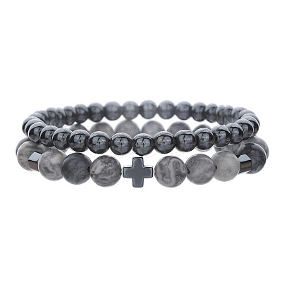 Round Natural Map Stone & Synthetic Non-magnetic Hematite Beaded Stretch Bracelet Sets WC8951-1-1