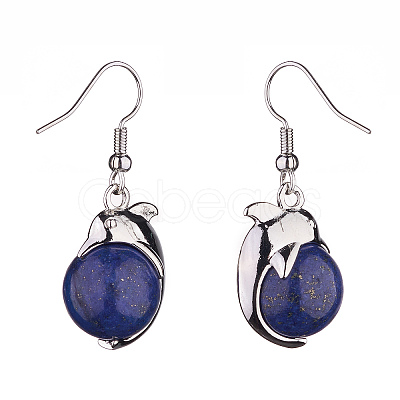 Natural Dyed Lapis Lazuli Dolphin Dangle Earrings with Crystal Rhinestone EJEW-A092-20P-10-1