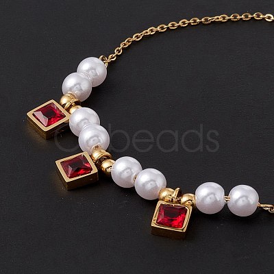 Square Cubic Zirconia Charm Bracelet with Acrylic Pearl BJEW-F396-20G-03-1