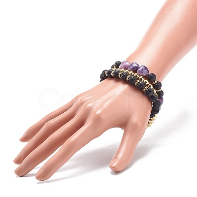 3Pcs 3 Style Heart Natural Purple Mica Stone & Lava Rock & Synthetic Hematite Beaded Stretch Bracelets Set BJEW-JB08736-1