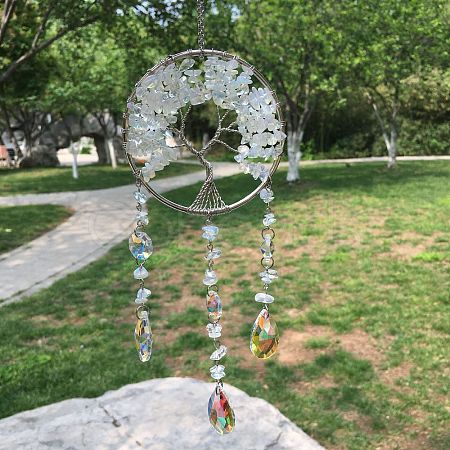 Metal Wire Wrapped Opalite Chips Flat Round with Tree of Life Pendant Decorations. Hanging Suncatchers TREE-PW0003-11A-1