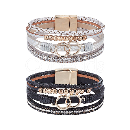 ANATTASOUL 2Pcs 2 Color Imitation Leather Multi-Strand Bracelets Set BJEW-AN0001-08-1