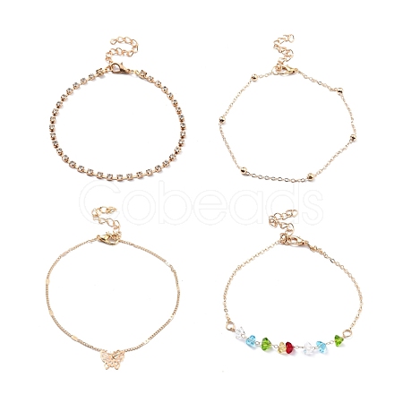 4Pcs 4 Style Alloy Chain Anklets Set with Heart Beaded and Butterfly Charm SJEW-D009-02KCG-1