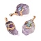 Raw Rough Natural Amethyst Pendants, Nuggets Charms with Brass Edge & Iron Findings, Golden, 32.5~44.5x21~33x18.5~32.5mm, Hole: 4x7.5mm