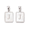 304 Stainless Steel Pave Shell Pendants, Rectangle Charm, Stainless Steel Color, Letter J, 17.5x12x1.5mm, Hole: 3x5mm