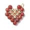 Natural Red Jasper Copper Wire Wrapped Pendants, Heart Charms, with Golden Tone Brass Beads, 22.5x22x4.5mm, Hole: 3.6mm