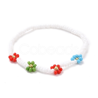 Handmade Daisy Flower Baking Paint & Dyed Glass Seed Beaded Stretch Bracelets BJEW-JB07668-01-1