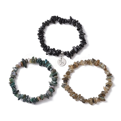 3Pcs 3 Styles Natural Labradorite & Obsidian & Moss Agate  Chips Stretch Bracelets Sets BJEW-JB11076-12-1