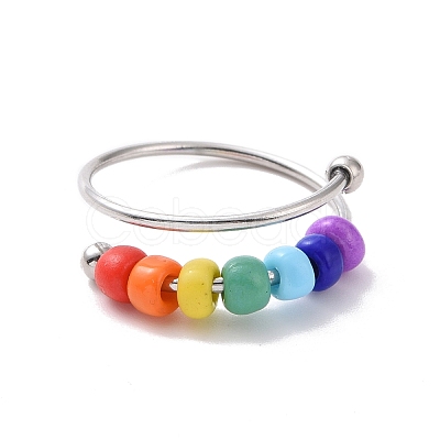 Rainbow Color Glass Beaded Rotating Open Cuff Ring RJEW-F127-01P-1