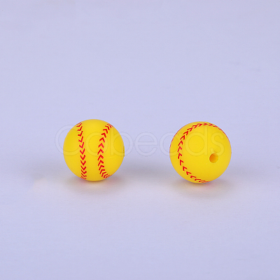 Printed Round with Baseball Pattern Silicone Focal Beads SI-JX0056A-105-1