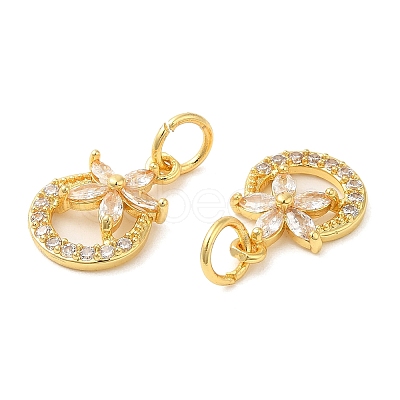 Rack Plating Brass Pave Clear Cubic Zirconia Ring Charms with Flower KK-Z026-09G-1