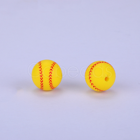 Printed Round with Baseball Pattern Silicone Focal Beads SI-JX0056A-105-1