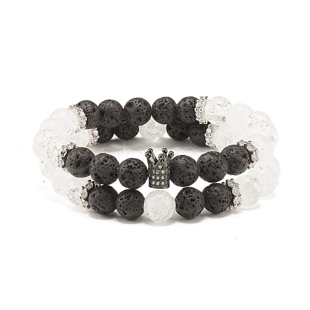 Natural Crackle Quartz & Lava Rock Round Beads Stretch Bracelets Set BJEW-JB07205-1