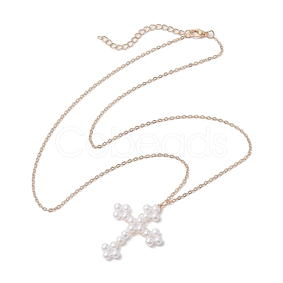 Cross Fleury Acrylic Imitation Pearl Pendant Necklaces NJEW-JN04985-1