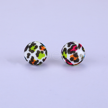 Printed Round with Leopard Print Pattern Silicone Focal Beads SI-JX0056A-07-1
