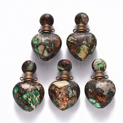 Heart Assembled Natural Bronzite and Synthetic Imperial Jasper Openable Perfume Bottle Pendants G-R484-01C-1