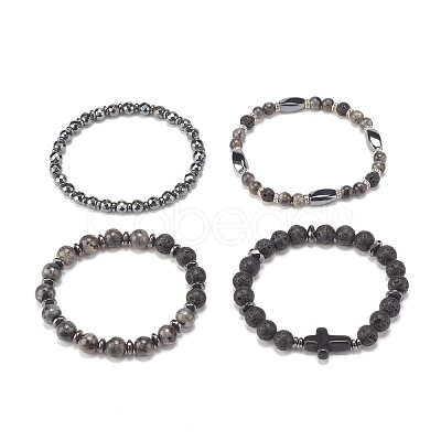 4Pcs 4 Style Mixed Stone Round Beaded Stretch Bracelets Set with Crystal Rhinestone BJEW-JB07885-1