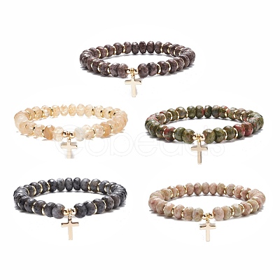 Gemstone Round Beaded Stretch Bracelet with Brass Cross Charm BJEW-JB08097-1