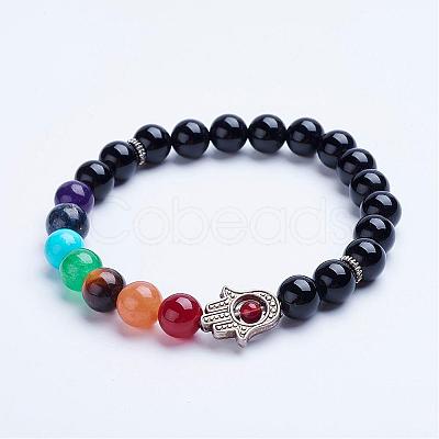 Natural Black Agate Beaded Stretch Bracelets BJEW-P072-F06-1