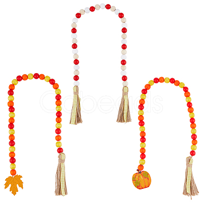 Natural Wood Beaded Pendant Decorations with Tassel Hemp Rope HJEW-AB00040-1