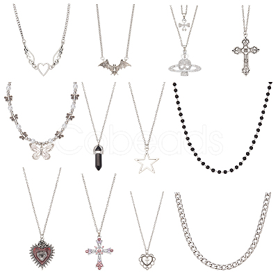 ANATTASOUL 13Pcs 13 Style Cross & Skull & Heart & Butterfly Rhinestone Pendant Necklaces Set NJEW-AN0001-39-1