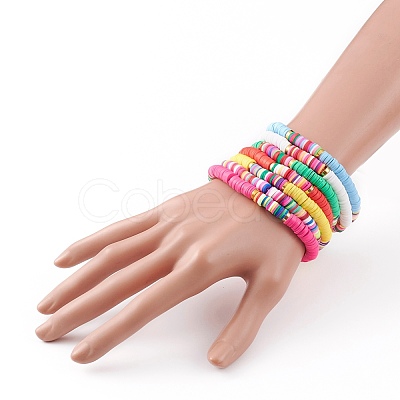 7Pcs Rainbow Polymer Clay Heishi Beads Stretch Bracelets Set X-BJEW-JB05882-1