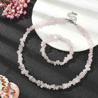 Natural Rose Quartz Chips Beaded Necklace & Stretc Bracelet SJEW-JS01281-02-1