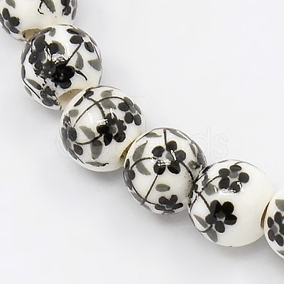 Handmade Printed Porcelain Round Beads Strands PORC-L004-6mm-07-1