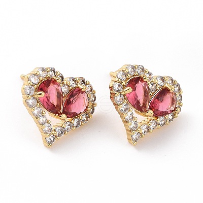 Cerise Cubic Zirconia Heart Stud Earrings EJEW-F298-06G-1