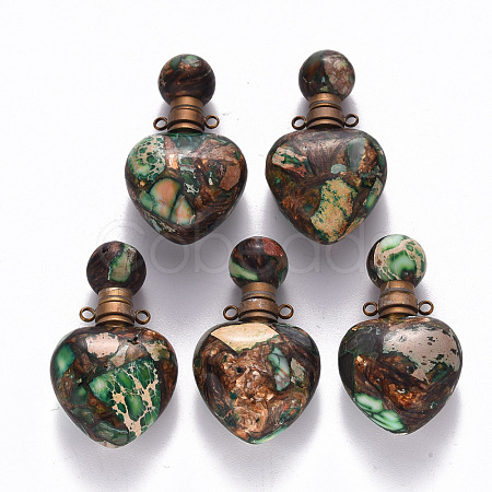 Heart Assembled Natural Bronzite and Synthetic Imperial Jasper Openable Perfume Bottle Pendants G-R484-01C-1