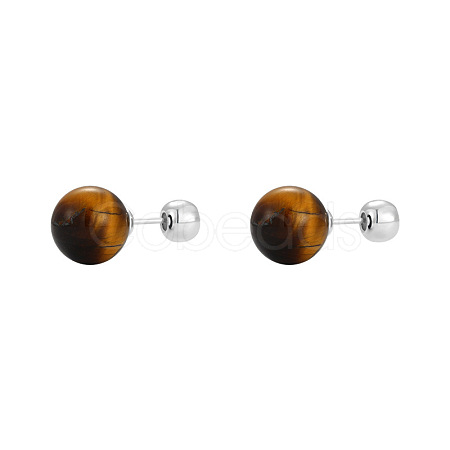 Natural Tiger Eye Round Ball Stud Earrings with Sterling Silver Pins for Women FIND-PW0021-14B-1