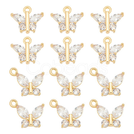 BENECREAT 12Pcs 2 Styles Brass with Clear Cubic Zirconia Charms KK-BC0012-52-1