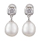 Natural Pearl Ear Studs, with Sterling Silver Micro Pave Clear Cubic Zirconia Findings, Oval, Platinum, 19x9mm