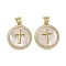 Brass Micro Pave Clear Cubic Zirconia Pendants, with Shell, Flat Round with Cross, Real 16K Gold Plated, 21.5x19x2mm, Hole: 3.5x4mm