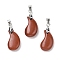 Natural Red Jasper Pendants, Magatama Shaped Charms with Platinum Tone Brass Snap on Bails, Long-Lasting Plated, Lead Free & Cadmium Free, 21.6x11.3x7.1mm, Hole: 5x4mm