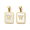 Ion Plating(IP) 304 Stainless Steel Pave Shell Pendants, Rectangle Charm, Real 18K Gold Plated, Letter W, 17.5x12x1.5mm, Hole: 3x5mm