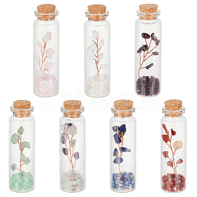 Olycraft 7Pcs 7 Style Natural Jade & Garnet & Lapis Lazuli & Quartz Crystal & Green Aventurine & Rose Quartz & Fluorite Chips Bonsai Tree in Column Glass Wish Bottles AJEW-OC0004-43-1