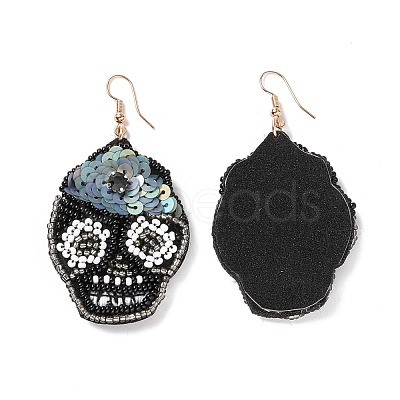 Halloween Skull Glass Seed Braided Big Dangle Earrings EJEW-B011-06A-1