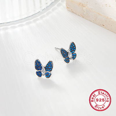 Anti-Tarnish Butterfly Rhodium Plated 925 Sterling Silver Micro Pave Cubic Zirconia Stud Earrings DX6488-2-1