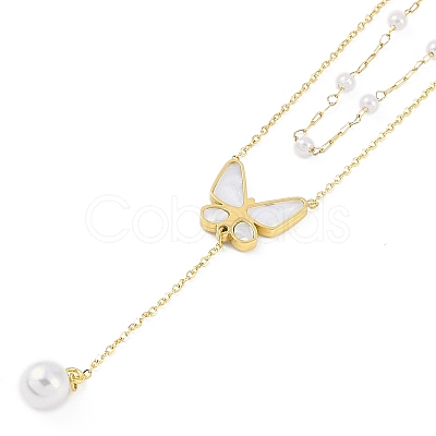 Ion Plating(IP) 304 Stainless Steel Pave Shell Double Layer Butterfly Pendant Necklaces for Women NJEW-K276-29G-1