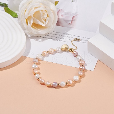 Natural Pearl Beaded Bracelet with Brass Heart Charm for Women BJEW-JB08165-01-1