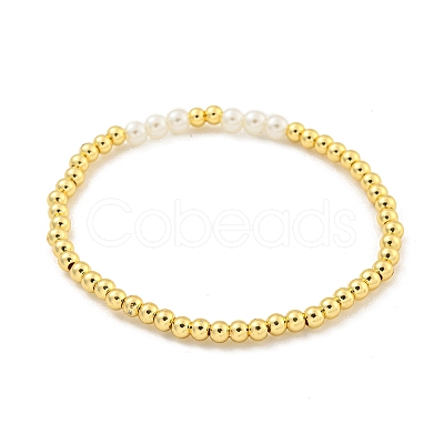 Brass & ABS Plastic Imitation Pearl Round Beaded Stretch Bracelets for Women BJEW-G704-02G-1