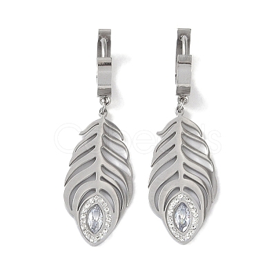 Feather 304 Stainless Steel Polymer Clay Rhinestone Dangle Earrings EJEW-L283-005P-1